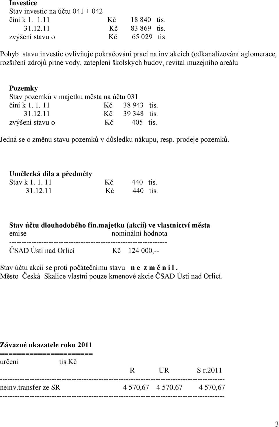 12.11 Kč 39 348 tis. zvýšení stavu o Kč 405 tis. Jedná se o změnu stavu pozemků v důsledku nákupu, resp. prodeje pozemků. Umělecká díla a předměty Stav k 1. 1. 11 Kč 440 tis.