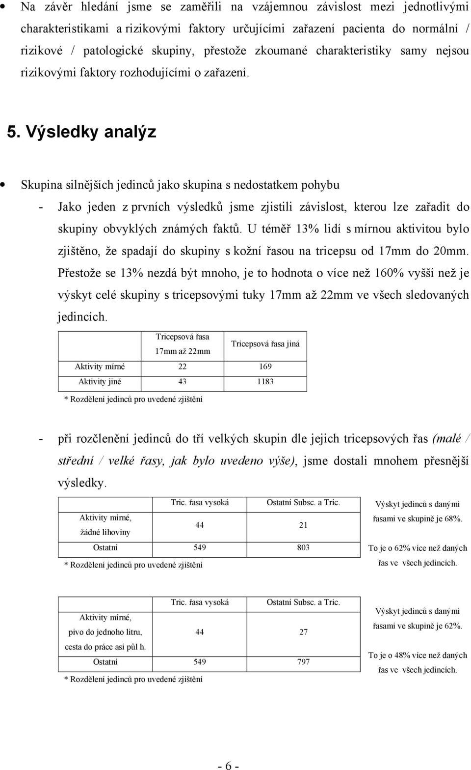 Výsledky analýz Skupina silnějších jedinců jako skupina s nedostatkem pohybu - Jako jeden z prvních výsledků jsme zjistili závislost, kterou lze zařadit do skupiny obvyklých známých faktů.