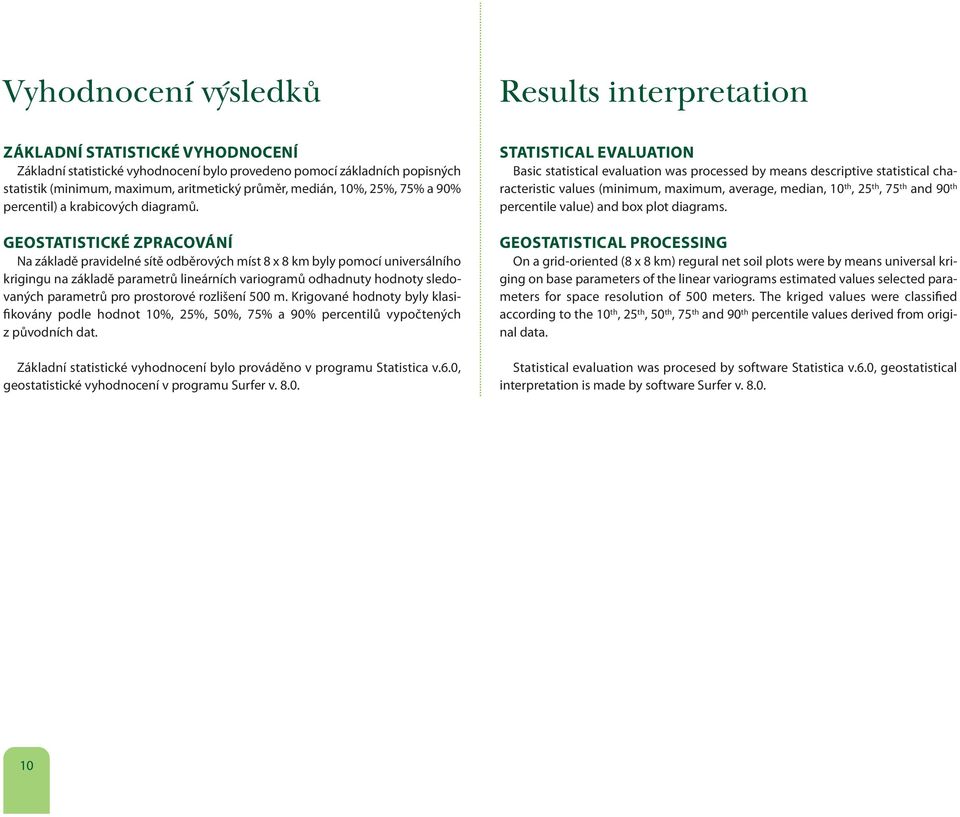 GEOSTATISTICKÉ ZPRACOVÁNÍ Na základě pravidelné sítě odběrových míst 8 x 8 km byly pomocí universálního krigingu na základě parametrů lineárních variogramů odhadnuty hodnoty sledovaných parametrů pro