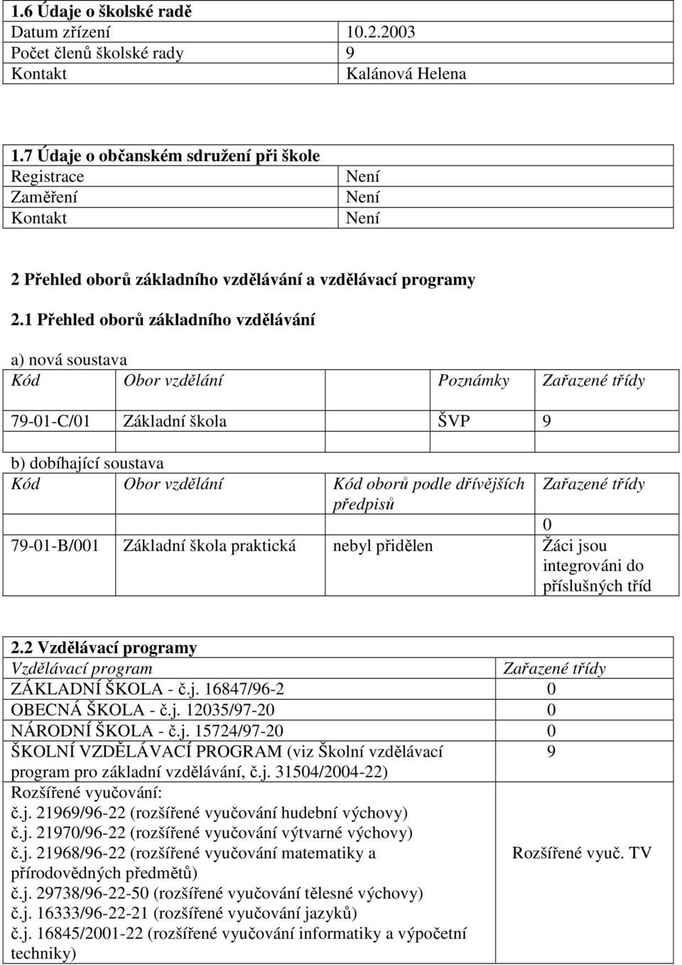 1 Přehled oborů základního vzdělávání a) nová soustava Kód Obor vzdělání Poznámky Zařazené třídy 79-01-C/01 Základní škola ŠVP 9 b) dobíhající soustava Kód Obor vzdělání Kód oborů podle dřívějších