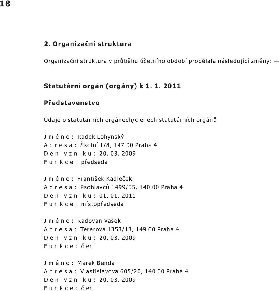 2009 F u n k c e : pøedseda J m é n o : František Kadleèek A d r e s a : Psohlavcù 1499/55, 140 00 Praha 4 D e n v z n i k u : 01.