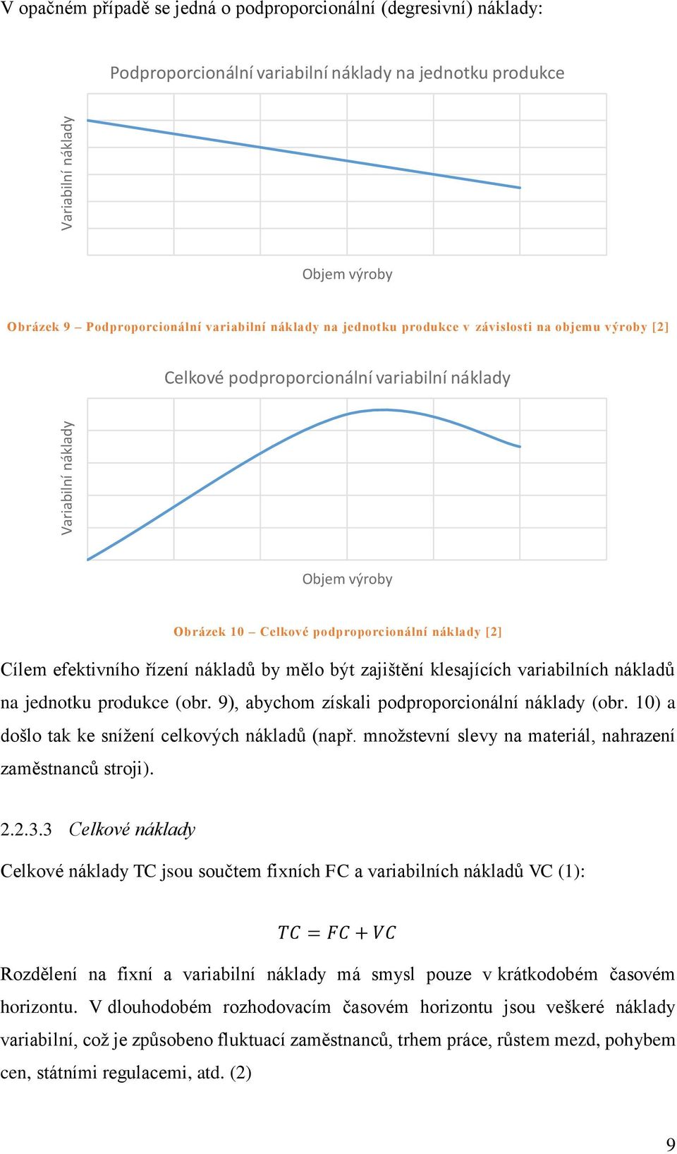 Cílem efektivního řízení nákladů by mělo být zajištění klesajících variabilních nákladů na jednotku produkce (obr. 9), abychom získali podproporcionální náklady (obr.