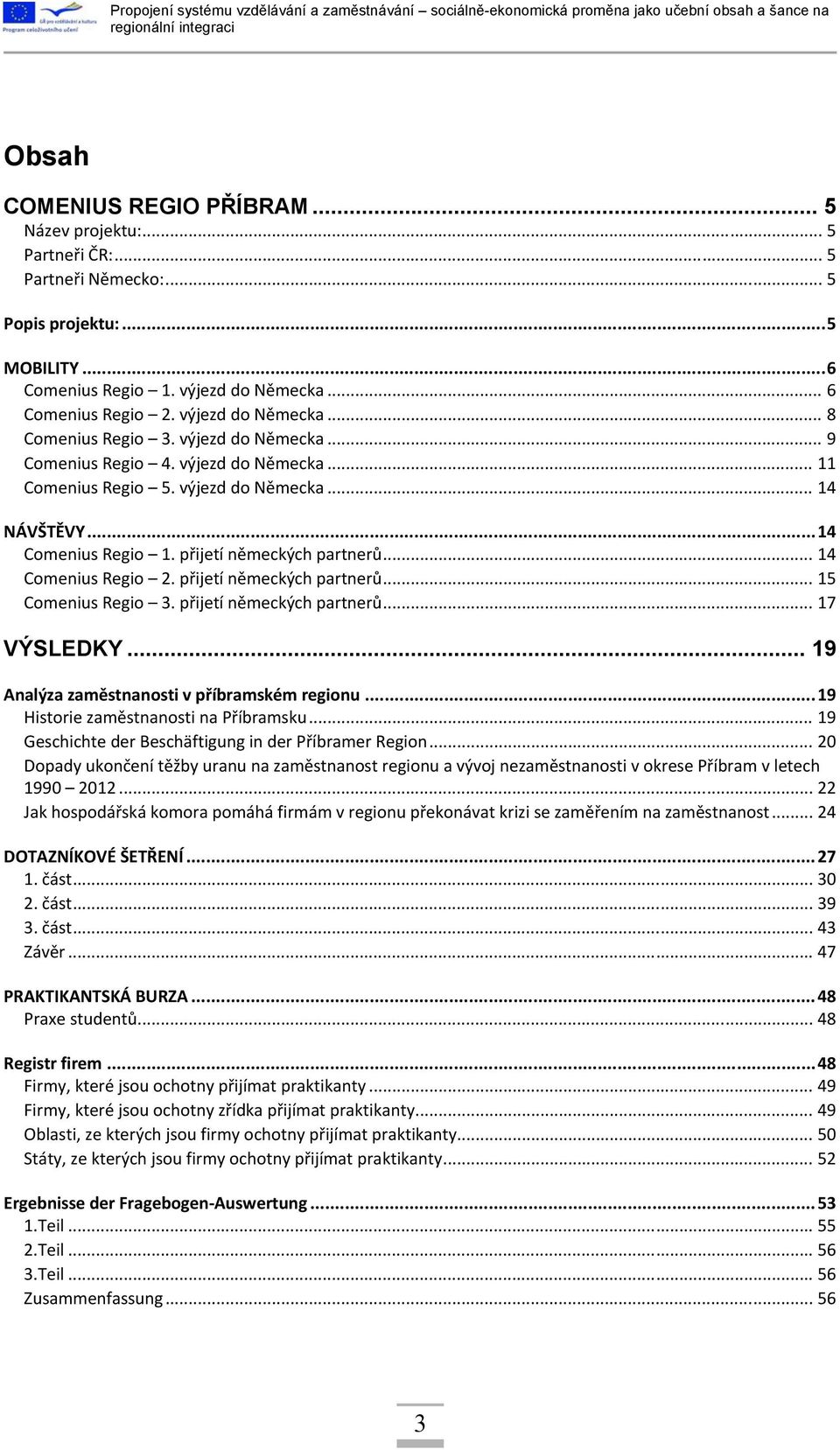 přijetí německých partnerů... 14 Comenius Regio 2. přijetí německých partnerů... 15 Comenius Regio 3. přijetí německých partnerů... 17 VÝSLEDKY... 19 Analýza zaměstnanosti v příbramském regionu.