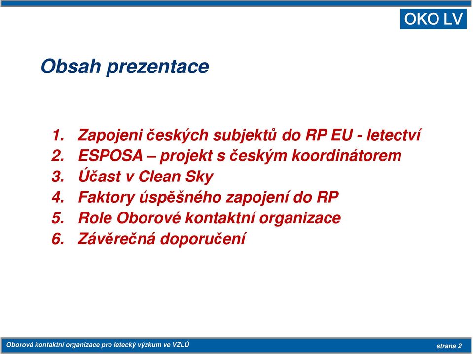 Faktory úspěšného zapojení do RP 5. Role Oborové kontaktní organizace 6.