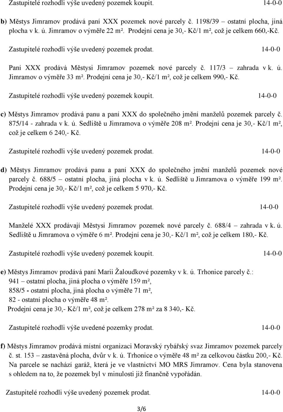 Prodejní cena je 30,- Kč/1 m², což je celkem 990,- Kč. Zastupitelé rozhodli výše uvedený pozemek koupit.