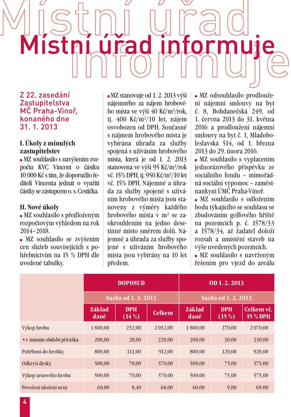 Nové úkoly MZ souhlasilo s předloženým rozpočtovým výhledem na rok 2014 2018. MZ souhlasilo se zvýšením cen služeb souvisejících s pohřebnictvím na 15 % DPH dle uvedené tabulky. MZ stanovuje od 1. 2. 2013 výši nájemného za nájem hrobového místa ve výši 40 Kč/m 2 /rok, tj.