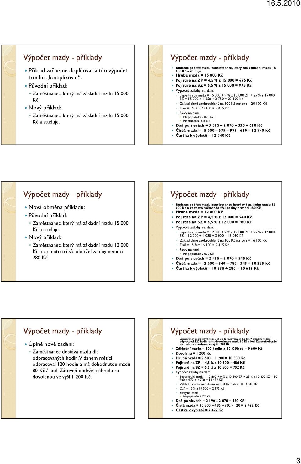 100 Kč Základ daně zaokrouhlený na 100 Kč nahoru = 20 100 Kč Daň = 15 % z 20 100 = 3 015 Kč Na studenta 335 Kč Daň po slevách = 3 015 2 070 335 = 610 Kč Čistá mzda = 15 000 675 975-610 = 12 740 Kč