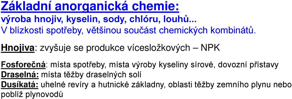 Hnojiva: zvyšuje se produkce vícesložkových NPK Fosforečná: místa spotřeby, místa výroby kyseliny