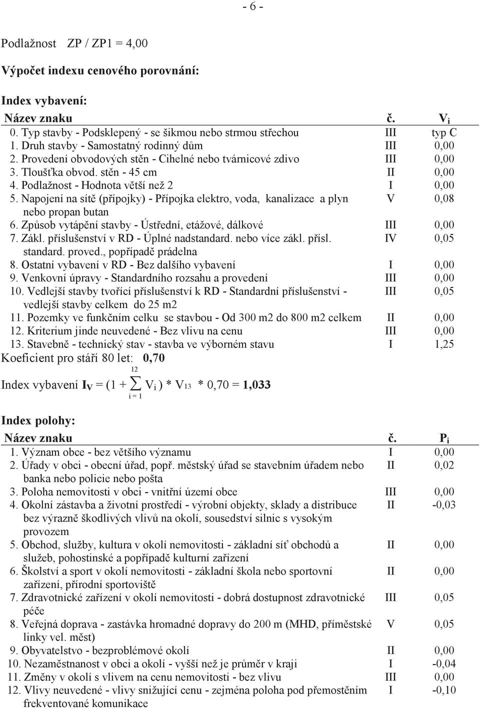 Podlažnost - Hodnota v tší než 2 I 0,00 5. Napojení na sít (p ípojky) - P ípojka elektro, voda, kanalizace a plyn V 0,08 nebo propan butan 6.