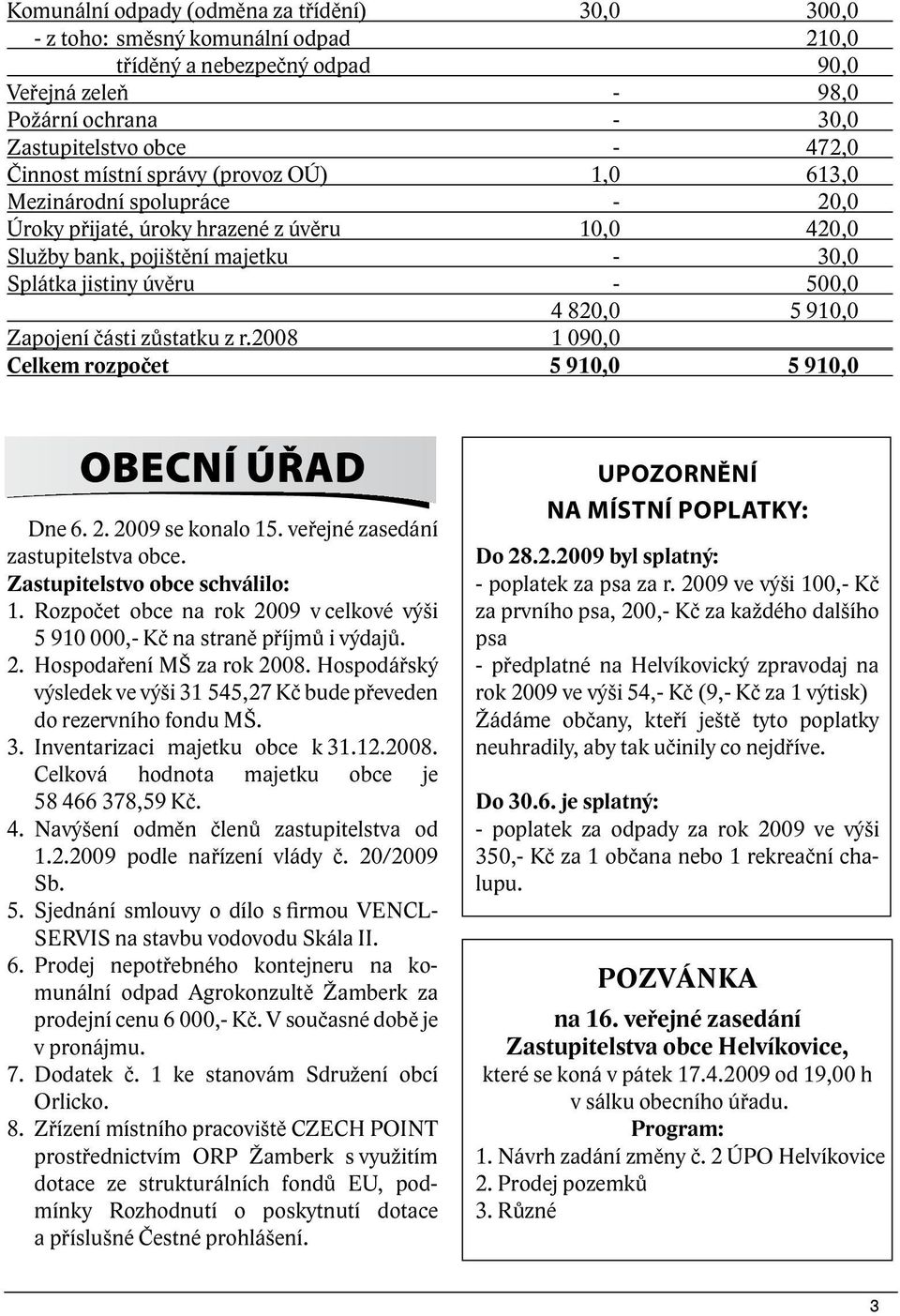 Zapojení části zůstatku z r.2008 1 090,0 Celkem rozpočet 5 910,0 5 910,0 OBECNÍ ÚŘAD Dne 6. 2. 2009 se konalo 15. veřejné zasedání zastupitelstva obce. Zastupitelstvo obce schválilo: 1.