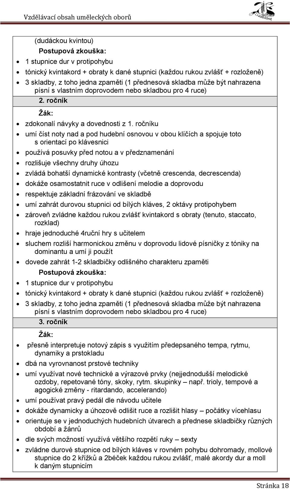 ročníku umí číst noty nad a pod hudební osnovou v obou klíčích a spojuje toto s orientací po klávesnici pouţívá posuvky před notou a v předznamenání rozlišuje všechny druhy úhozu zvládá bohatší
