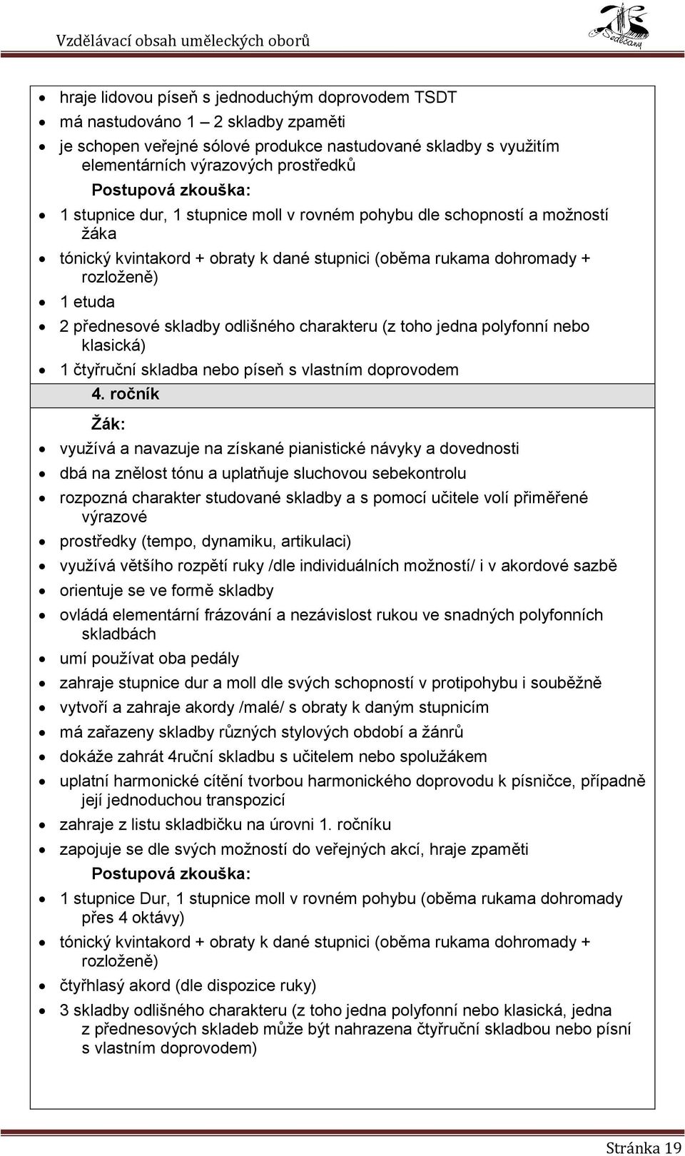 (z toho jedna polyfonní nebo klasická) 1 čtyřruční skladba nebo píseň s vlastním doprovodem 4.