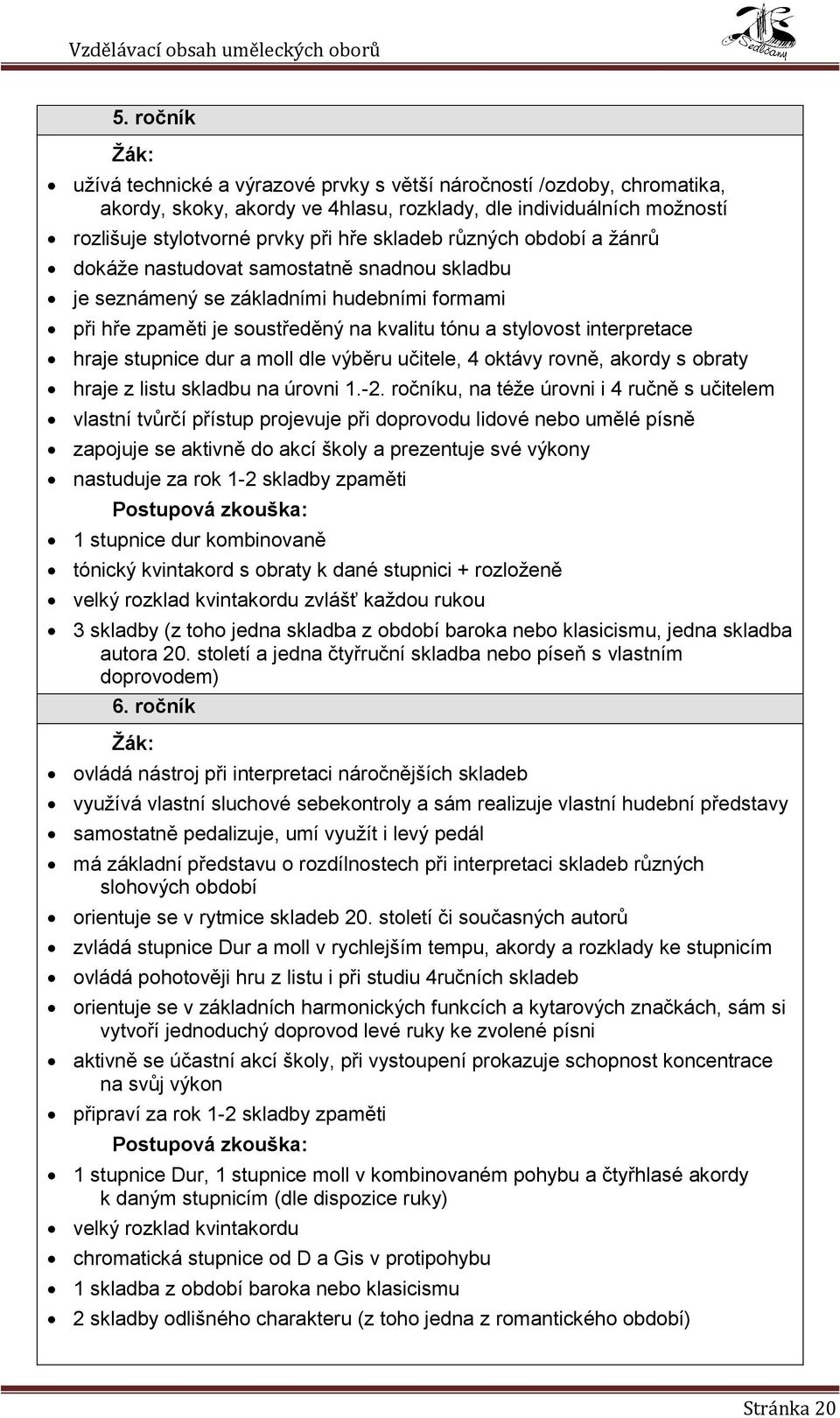 dur a moll dle výběru učitele, 4 oktávy rovně, akordy s obraty hraje z listu skladbu na úrovni 1.-2.