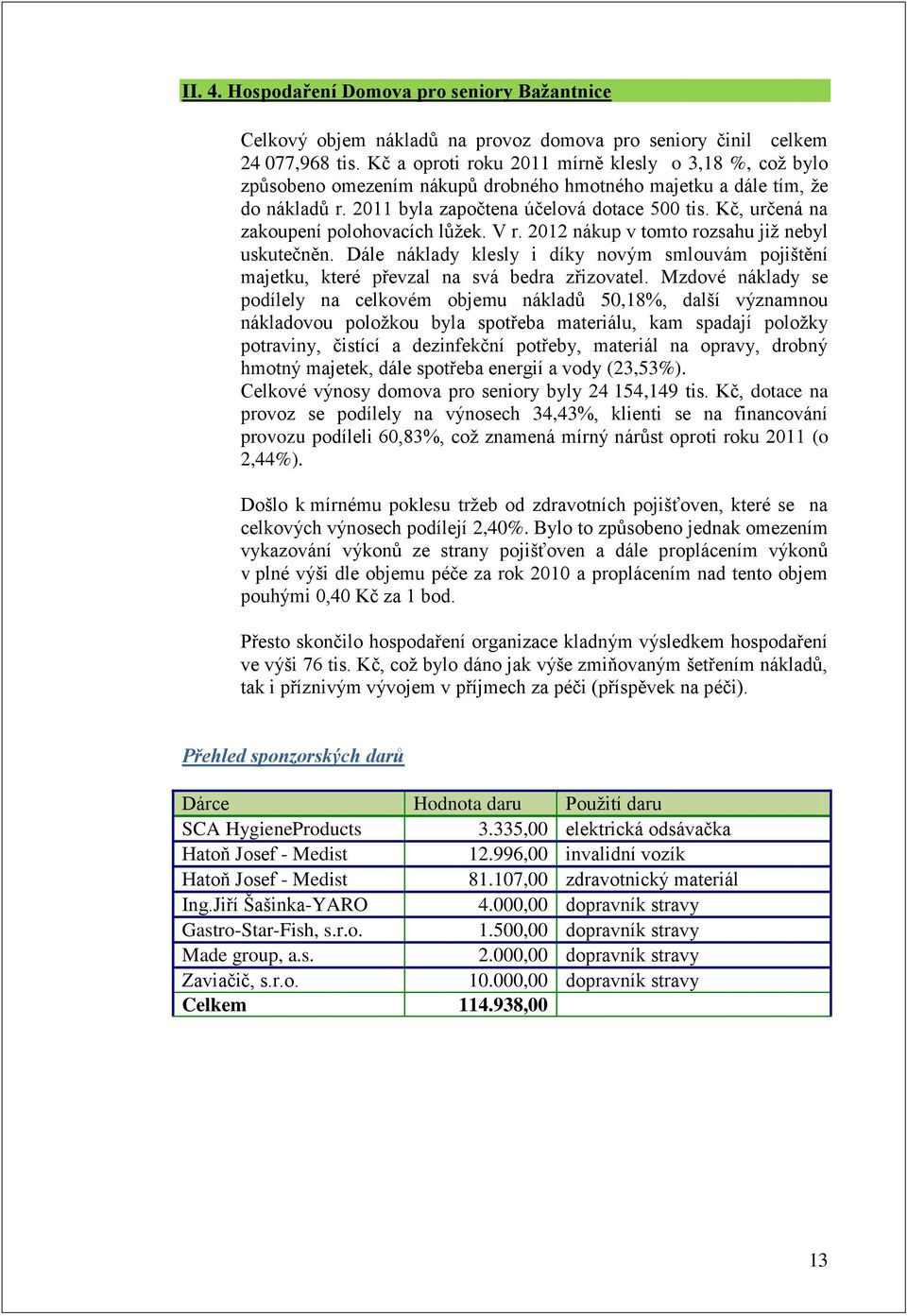 Kč, určená na zakoupení polohovacích lůžek. V r. 2012 nákup v tomto rozsahu již nebyl uskutečněn. Dále náklady klesly i díky novým smlouvám pojištění majetku, které převzal na svá bedra zřizovatel.