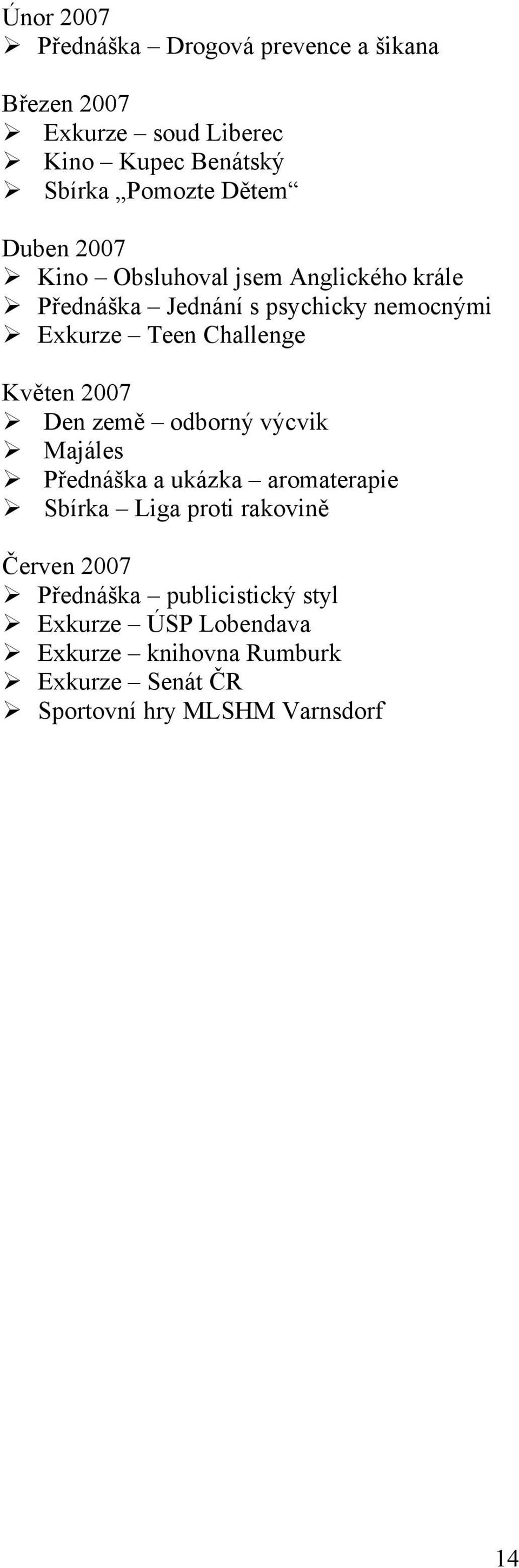 Květen 2007 Den země odborný výcvik Majáles Přednáška a ukázka aromaterapie Sbírka Liga proti rakovině Červen 2007