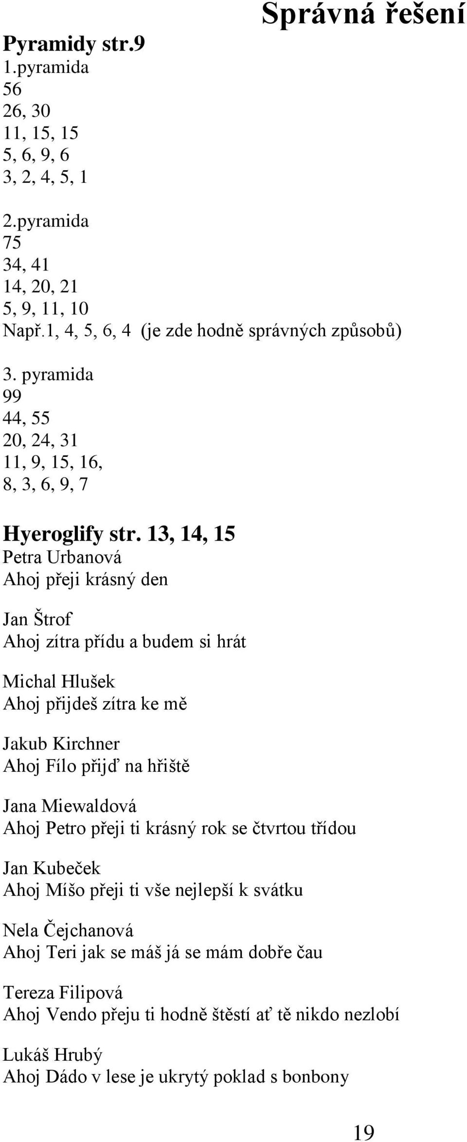 13, 14, 15 Petra Urbanová Ahoj přeji krásný den Jan Štrof Ahoj zítra přídu a budem si hrát Michal Hlušek Ahoj přijdeš zítra ke mě Jakub Kirchner Ahoj Fílo přijď na hřiště Jana