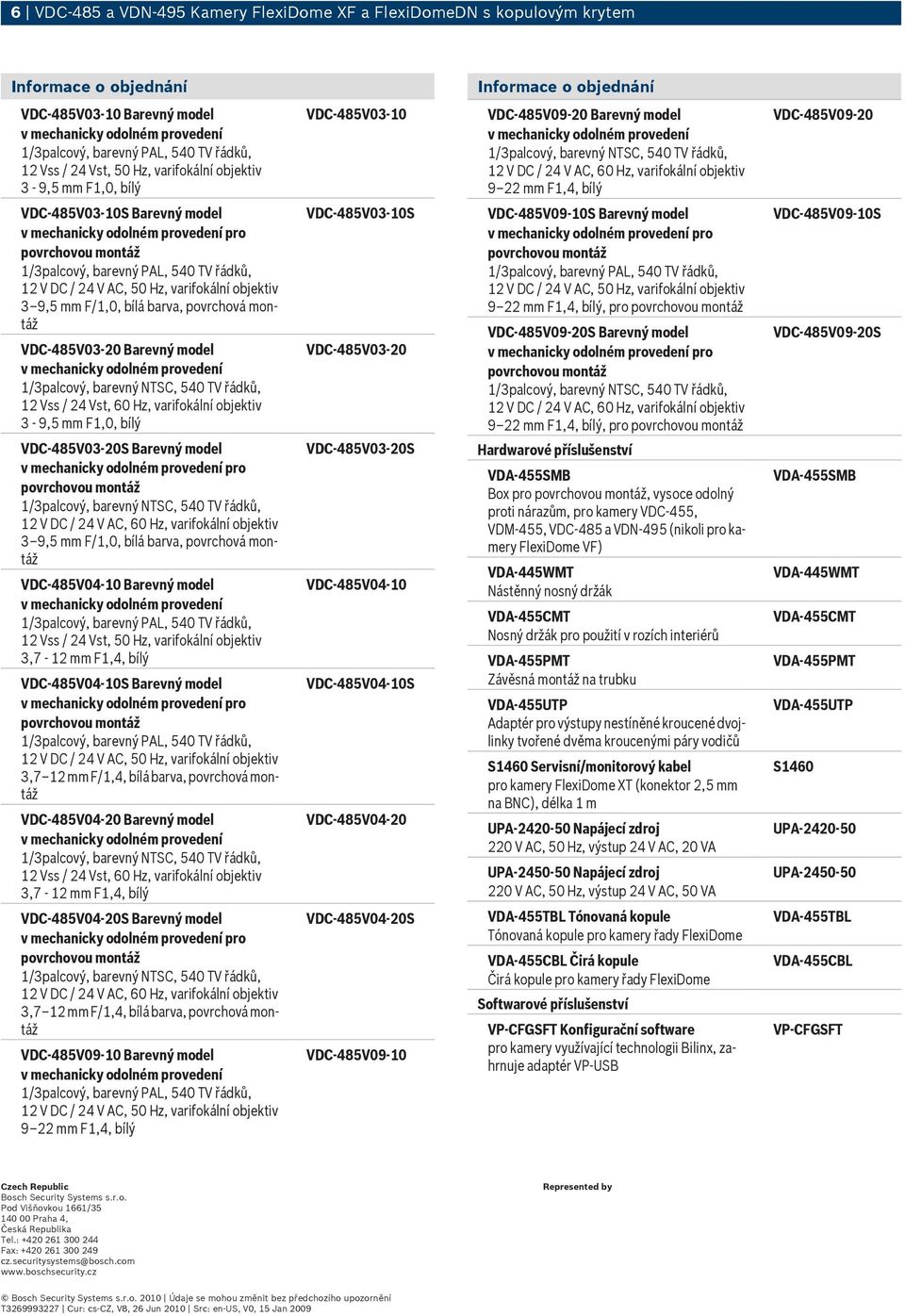 / 24 Vst, 60 Hz, varifokální objektiv 3-9,5 mm F1,0, bílý VDC 485V03 20S Barevný model pro 3 9,5 mm F/1,0, bílá barva, povrchová montáž VDC 485V04 10 Barevný model 12 Vss / 24 Vst, 50 Hz, varifokální