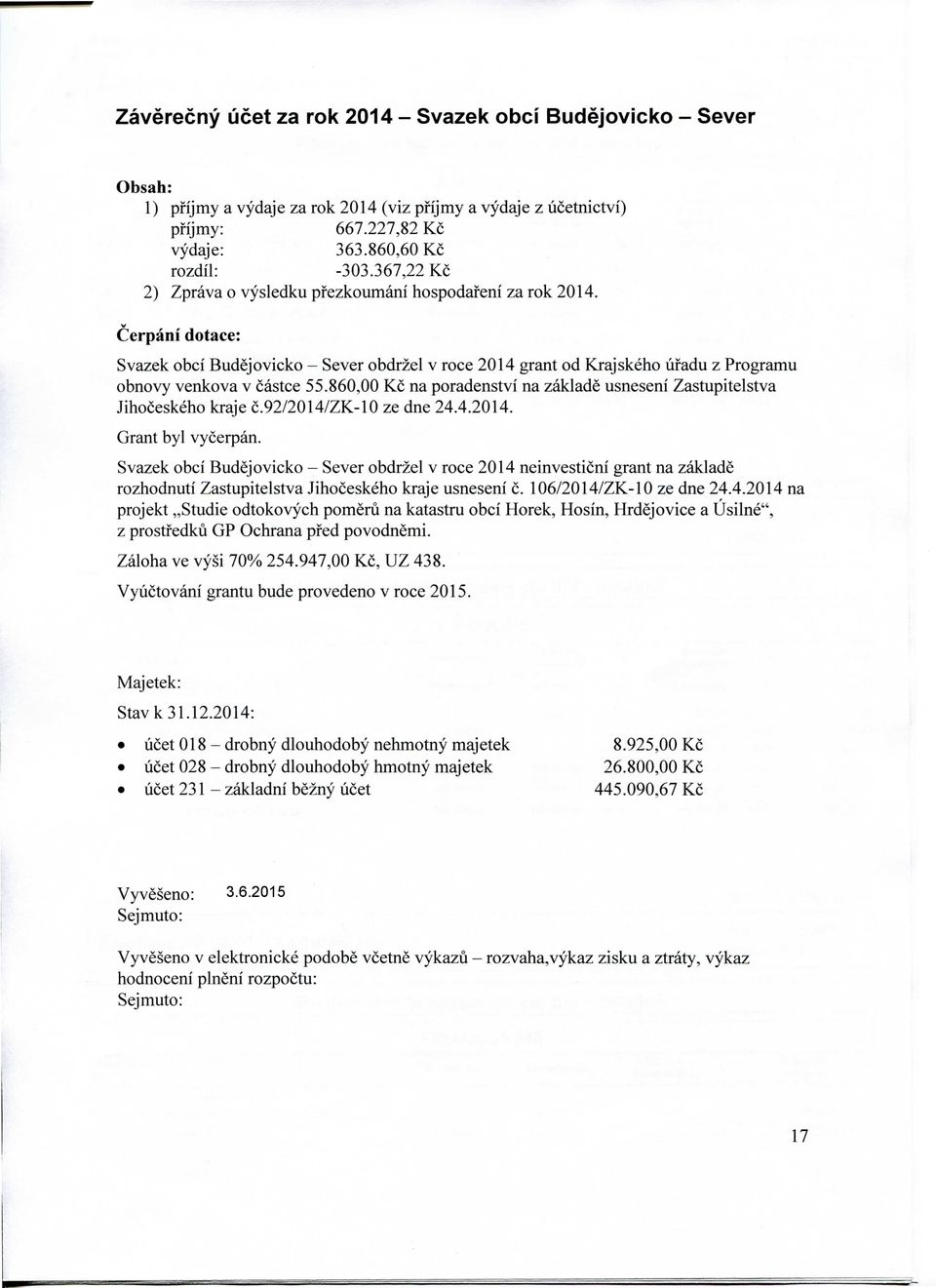 86 Kc na poradenstvi na zaklade usneseni Zastupitelstva Jihoceskeho kraje c.92/2014/zk-10 ze dne 24.4.2014. Grant byl vycerpan.