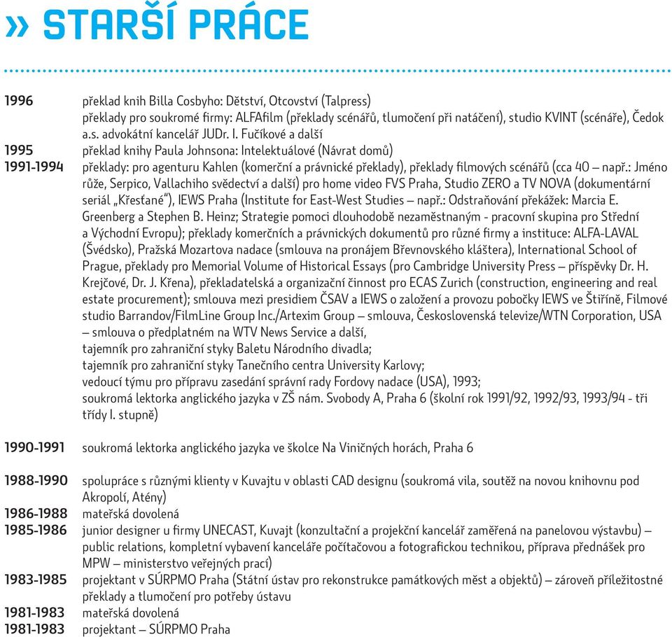 : Jméno růže, Serpico, Vallachiho svědectví a další) pro home video FVS Praha, Studio ZERO a TV NOVA (dokumentární seriál Křesťané ), IEWS Praha (Institute for East-West Studies např.