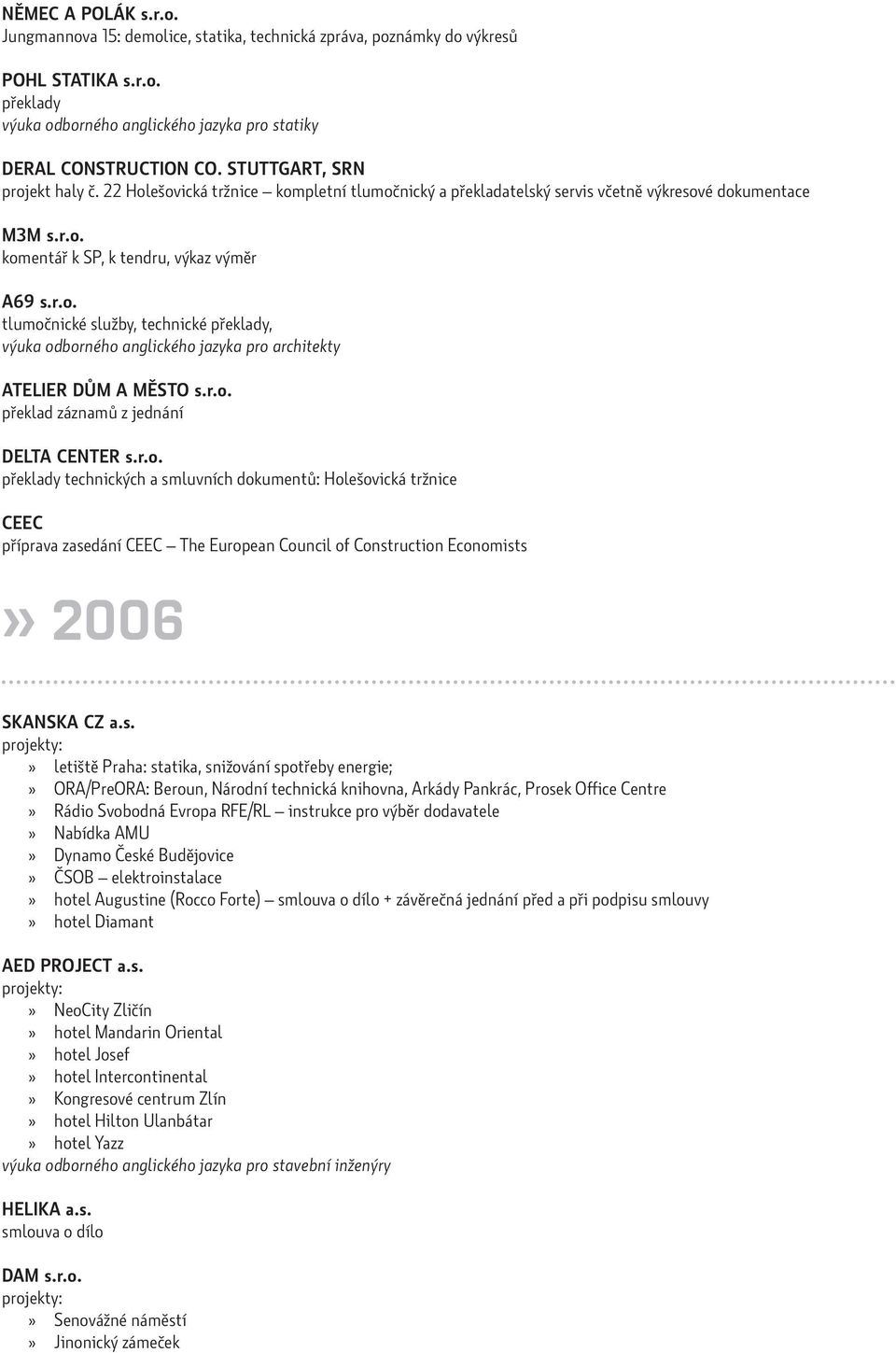 r.o. překlad záznamů z jednání DELTA CENTER s.r.o. překlady technických a smluvních dokumentů: Holešovická tržnice CEEC příprava zasedání CEEC The European Council of Construction Economists» 2006 SKANSKA CZ a.