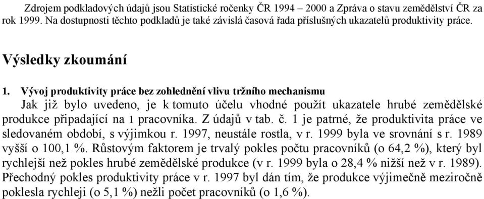 Vývoj produktivity práce bez zohlednění vlivu tržního mechanismu Jak již bylo uvedeno, je k tomuto účelu vhodné použít ukazatele hrubé zemědělské produkce připadající na 1 pracovníka. Z údajů v tab.