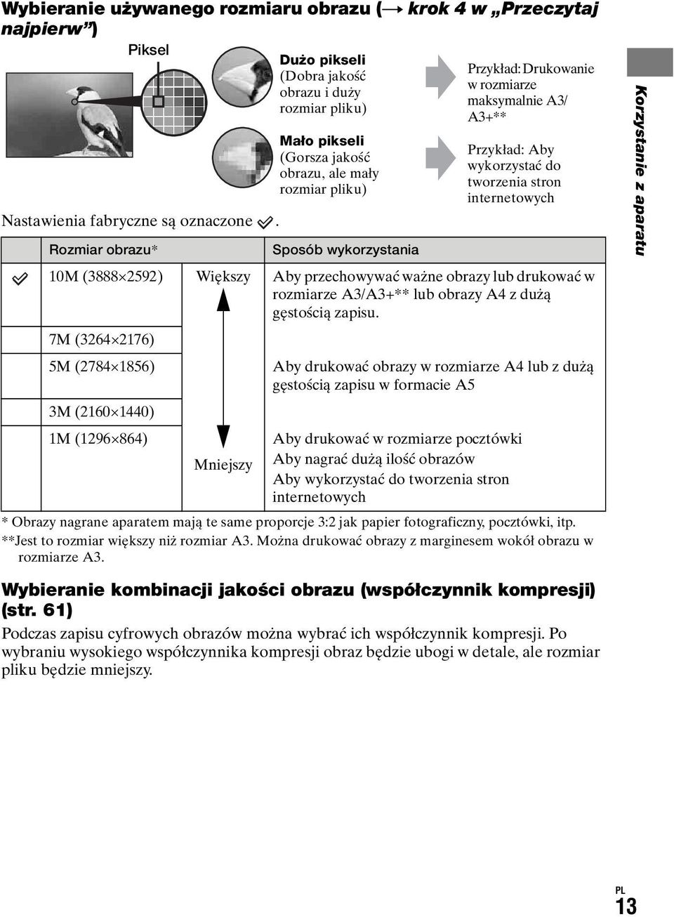 ale mały rozmiar pliku) Sposób wykorzystania Przykład: Drukowanie w rozmiarze maksymalnie A3/ A3+** Przykład: Aby wykorzystać do tworzenia stron internetowych Aby przechowywać ważne obrazy lub