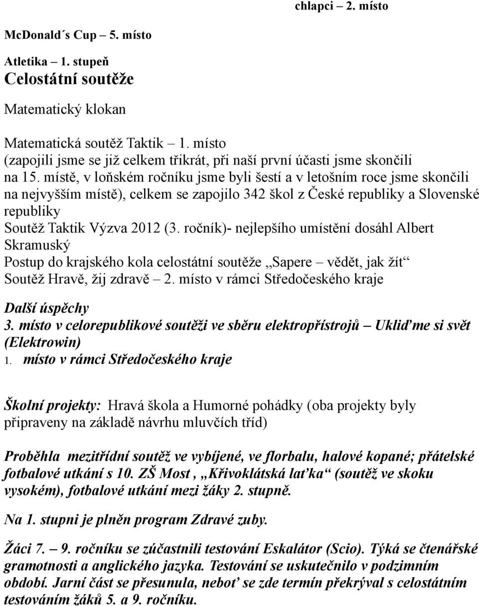 místě, v loňském ročníku jsme byli šestí a v letošním roce jsme skončili na nejvyšším místě), celkem se zapojilo 342 škol z České republiky a Slovenské republiky Soutěž Taktik Výzva 2012 (3.