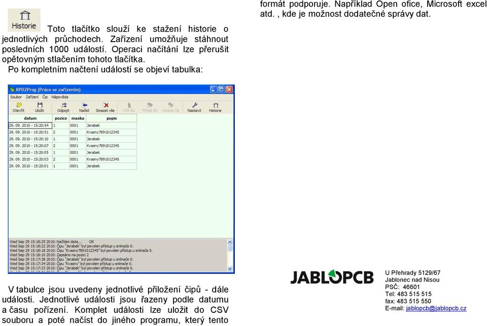 Například Open ofice, Microsoft excel atd., kde je možnost dodatečné správy dat. V tabulce jsou uvedeny jednotlivé přiložení čipů - dále události.