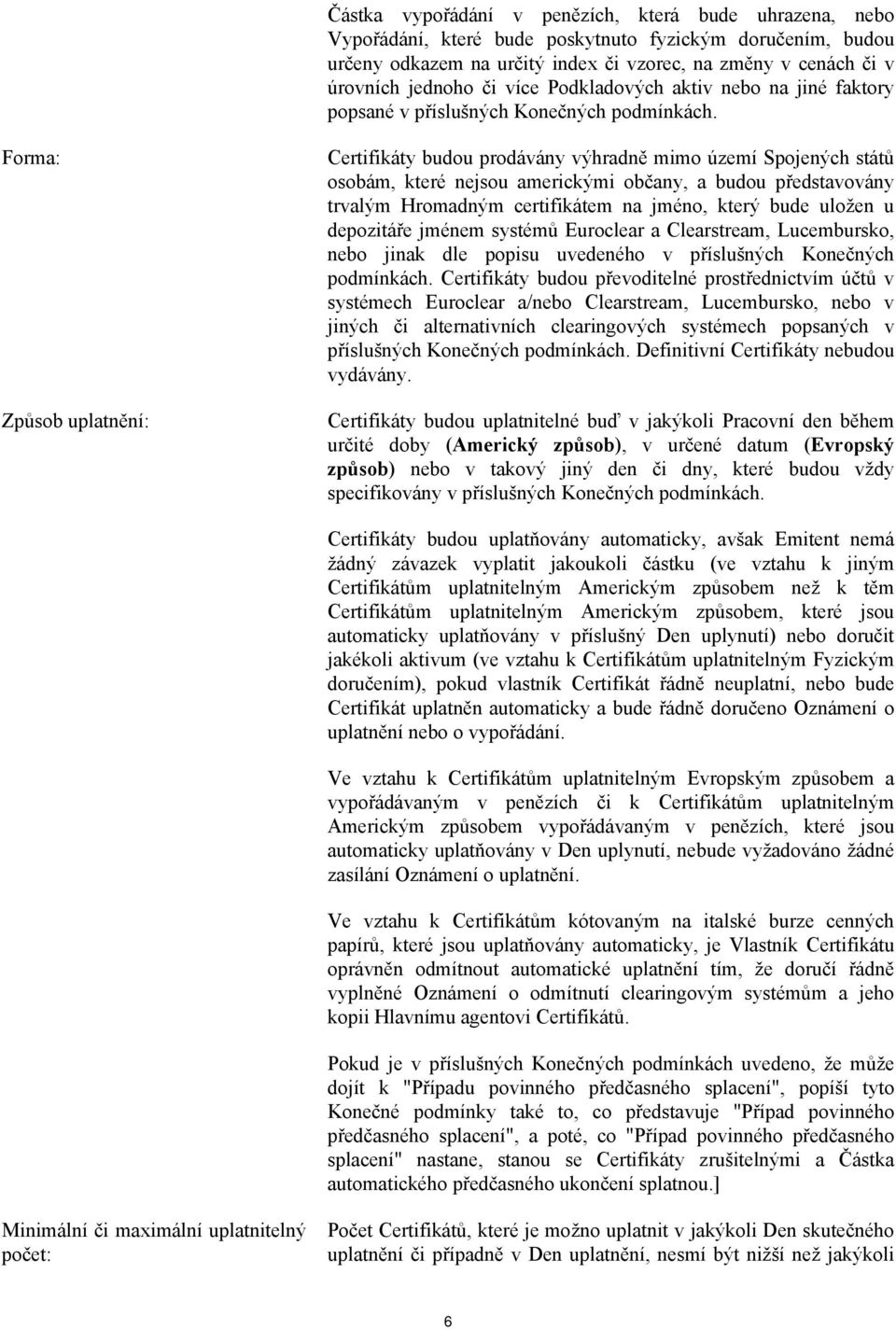 Forma: Způsob uplatnění: Certifikáty budou prodávány výhradně mimo území Spojených států osobám, které nejsou americkými občany, a budou představovány trvalým Hromadným certifikátem na jméno, který