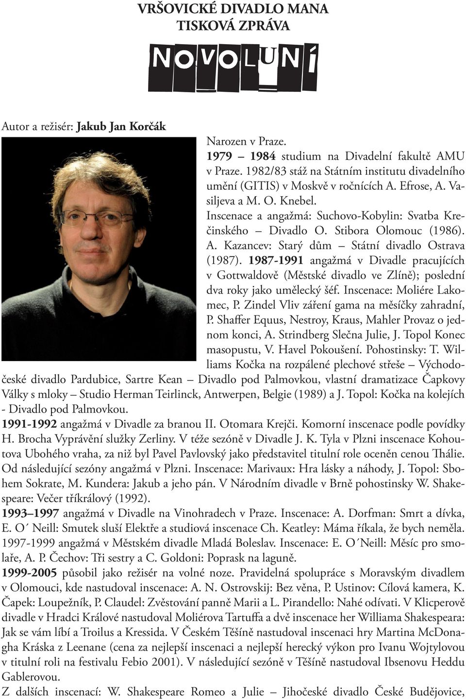 1987-1991 angažmá v Divadle pracujících v Gottwaldově (Městské divadlo ve Zlíně); poslední dva roky jako umělecký šéf. Inscenace: Moliére Lakomec, P. Zindel Vliv záření gama na měsíčky zahradní, P.