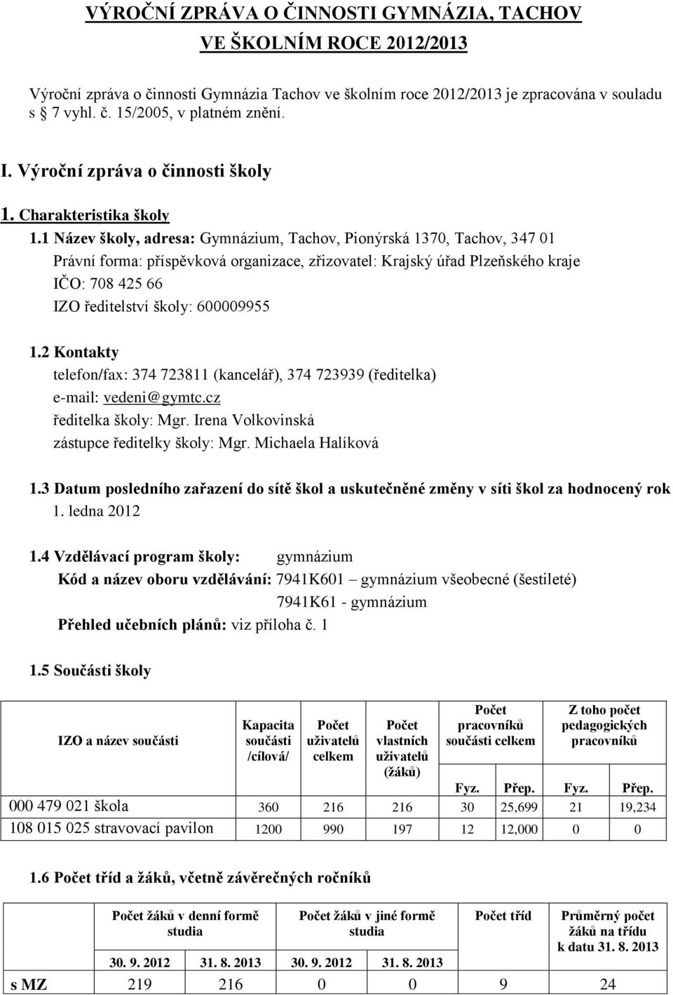 1 Název školy, adresa: Gymnázium, Tachov, Pionýrská 1370, Tachov, 347 01 Právní forma: příspěvková organizace, zřizovatel: Krajský úřad Plzeňského kraje IČO: 708 425 66 IZO ředitelství školy: