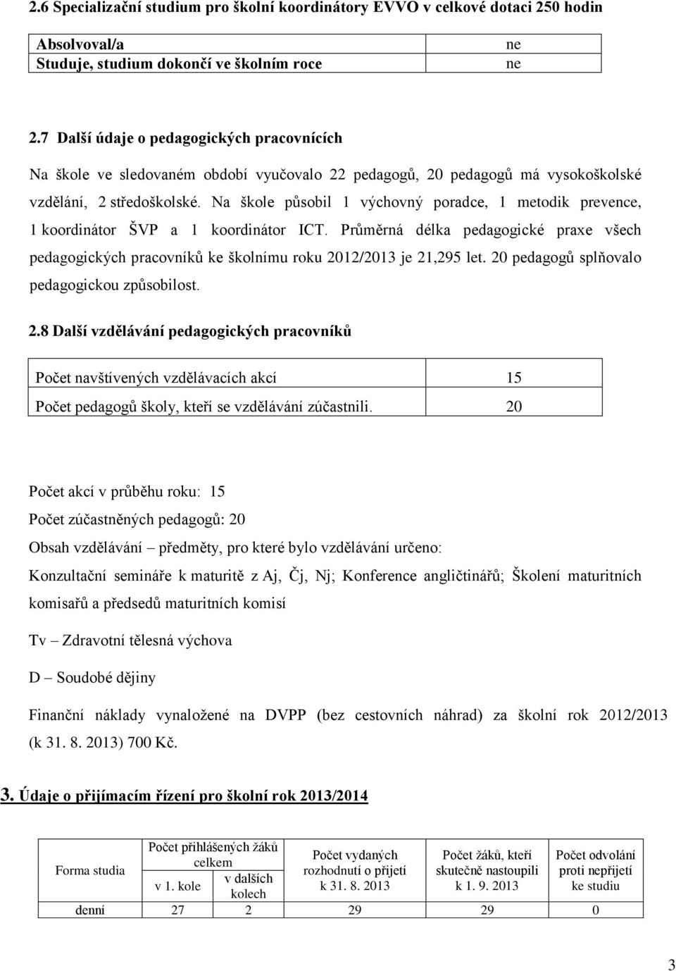 Na škole působil 1 výchovný poradce, 1 metodik prevence, 1 koordinátor ŠVP a 1 koordinátor ICT.