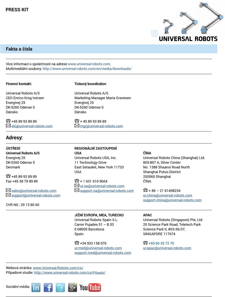 com/en/media/downloads/ Firemní kontakt: Universal Robots A/S CEO Enrico Krog Iversen Energivej 25 DK-5260 Odense S Dánsko +45 89 93 89 89 eki@universal-robots.
