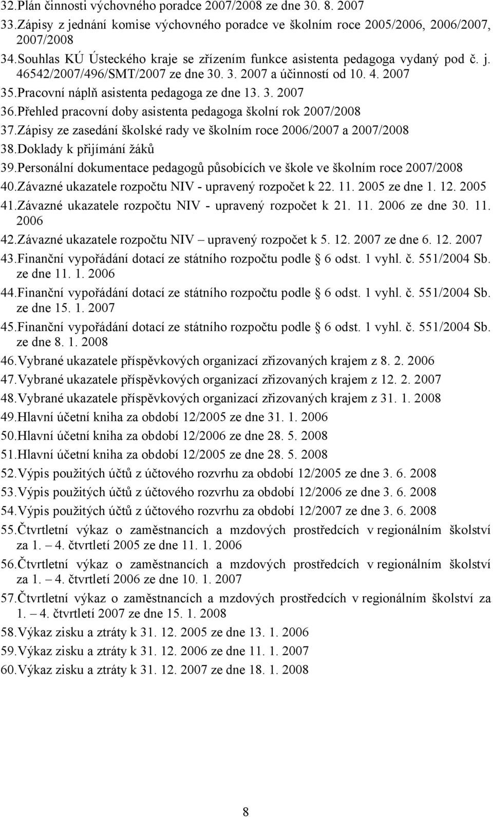 3. 2007 36.Přehled pracovní doby asistenta pedagoga školní rok 2007/2008 37.Zápisy ze zasedání školské rady ve školním roce 2006/2007 a 2007/2008 38.Doklady k přijímání žáků 39.