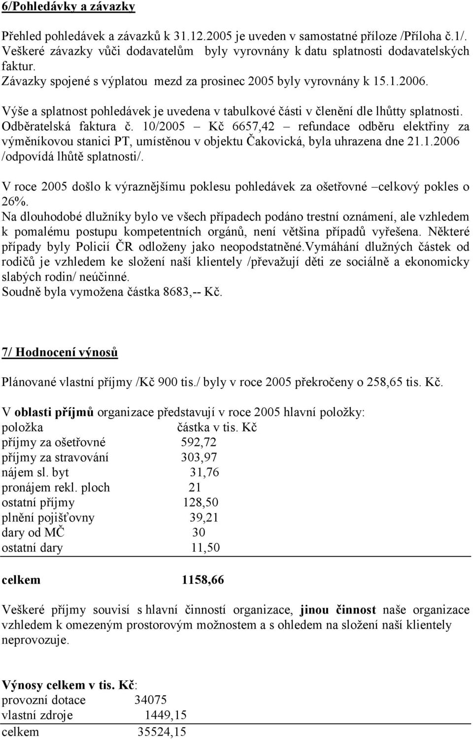 10/2005 Kč 6657,42 refundace odběru elektřiny za výměníkovou stanici PT, umístěnou v objektu Čakovická, byla uhrazena dne 21.1.2006 /odpovídá lhůtě splatnosti/.