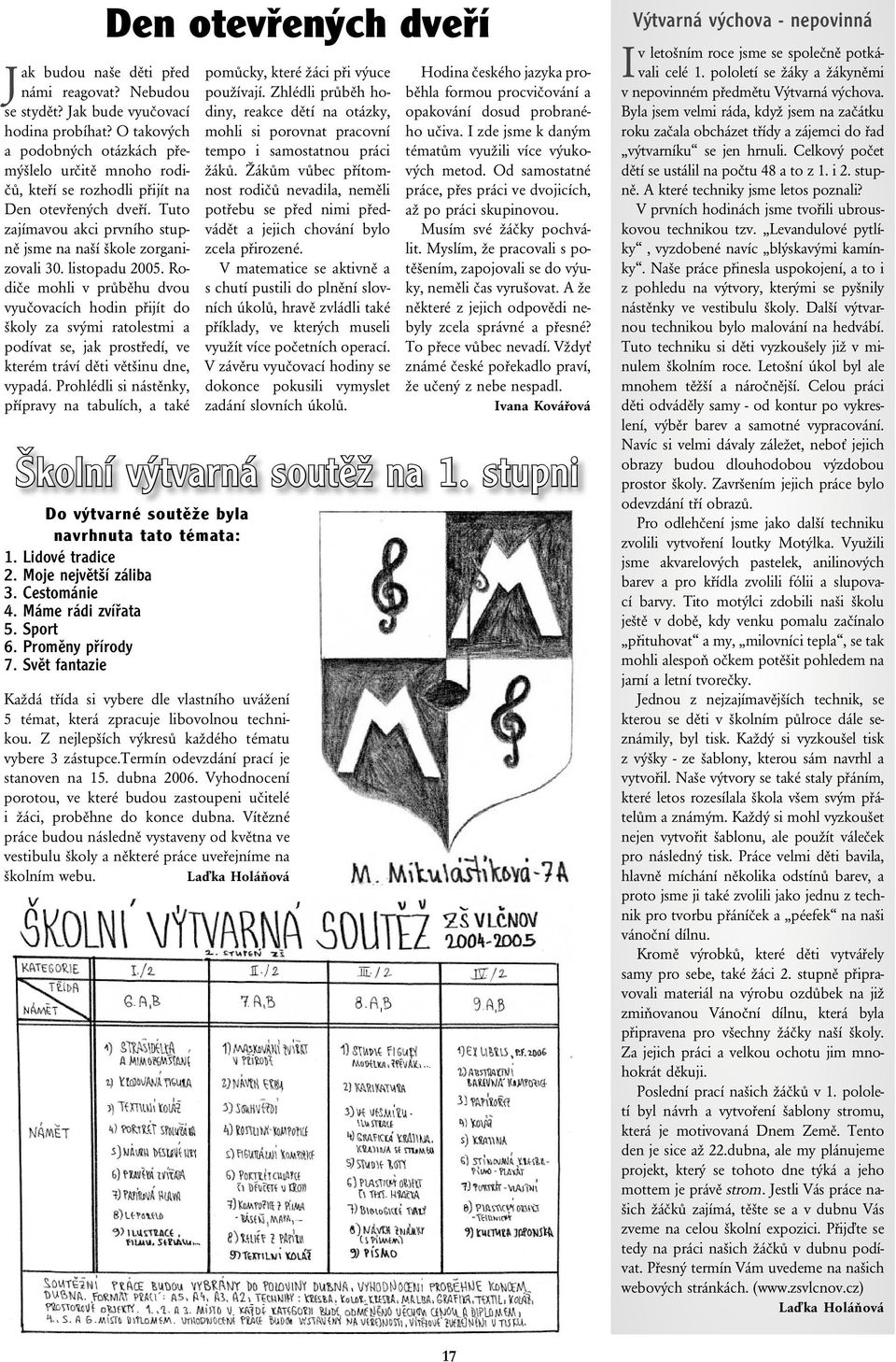 listopadu 2005. Rodiče mohli v průběhu dvou vyučovacích hodin přijít do školy za svými ratolestmi a podívat se, jak prostředí, ve kterém tráví děti většinu dne, vypadá.