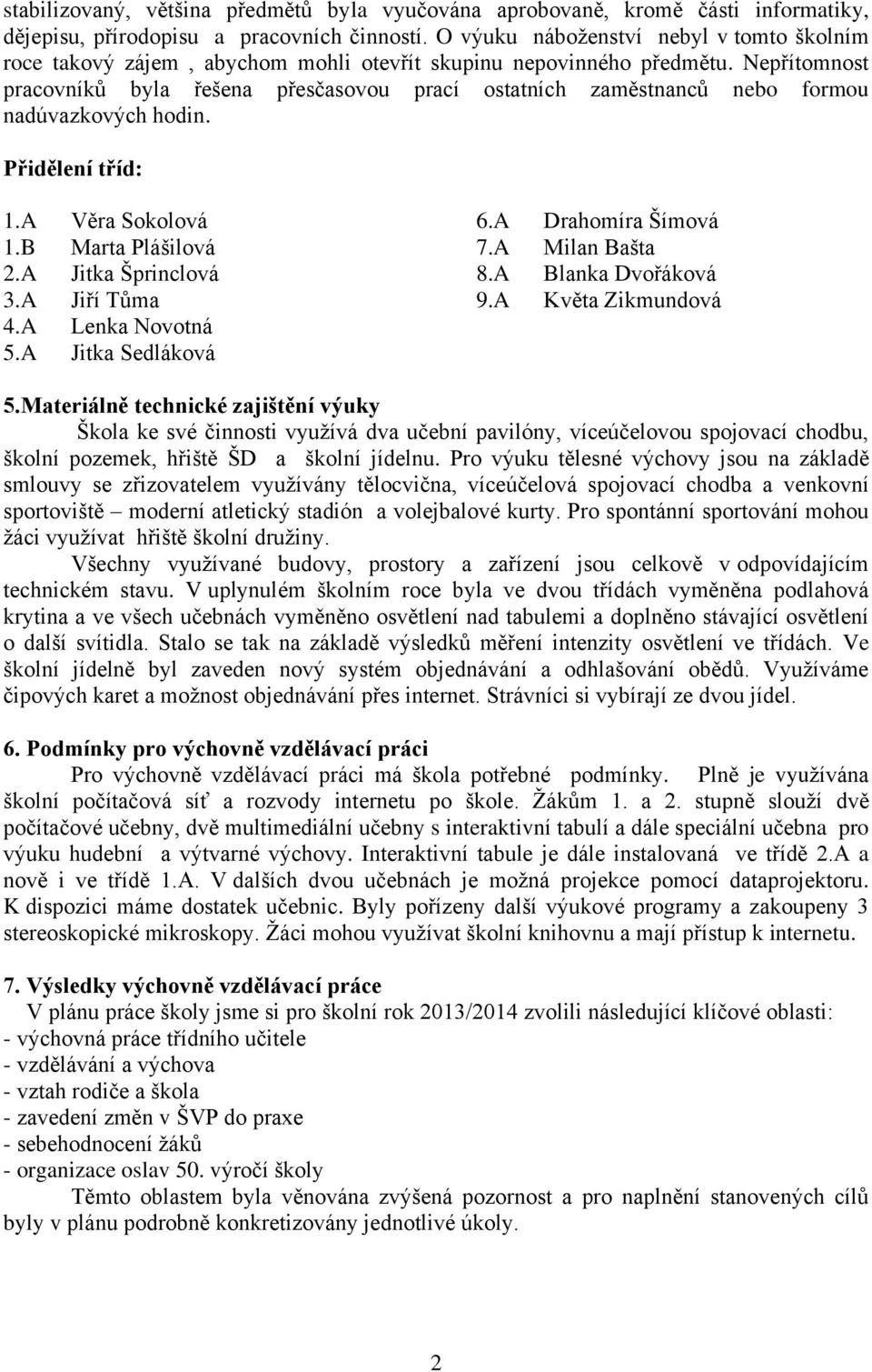 Nepřítomnost pracovníků byla řešena přesčasovou prací ostatních zaměstnanců nebo formou nadúvazkových hodin. Přidělení tříd: 1.A Věra Sokolová 6.A Drahomíra Šímová 1.B Marta Plášilová 7.