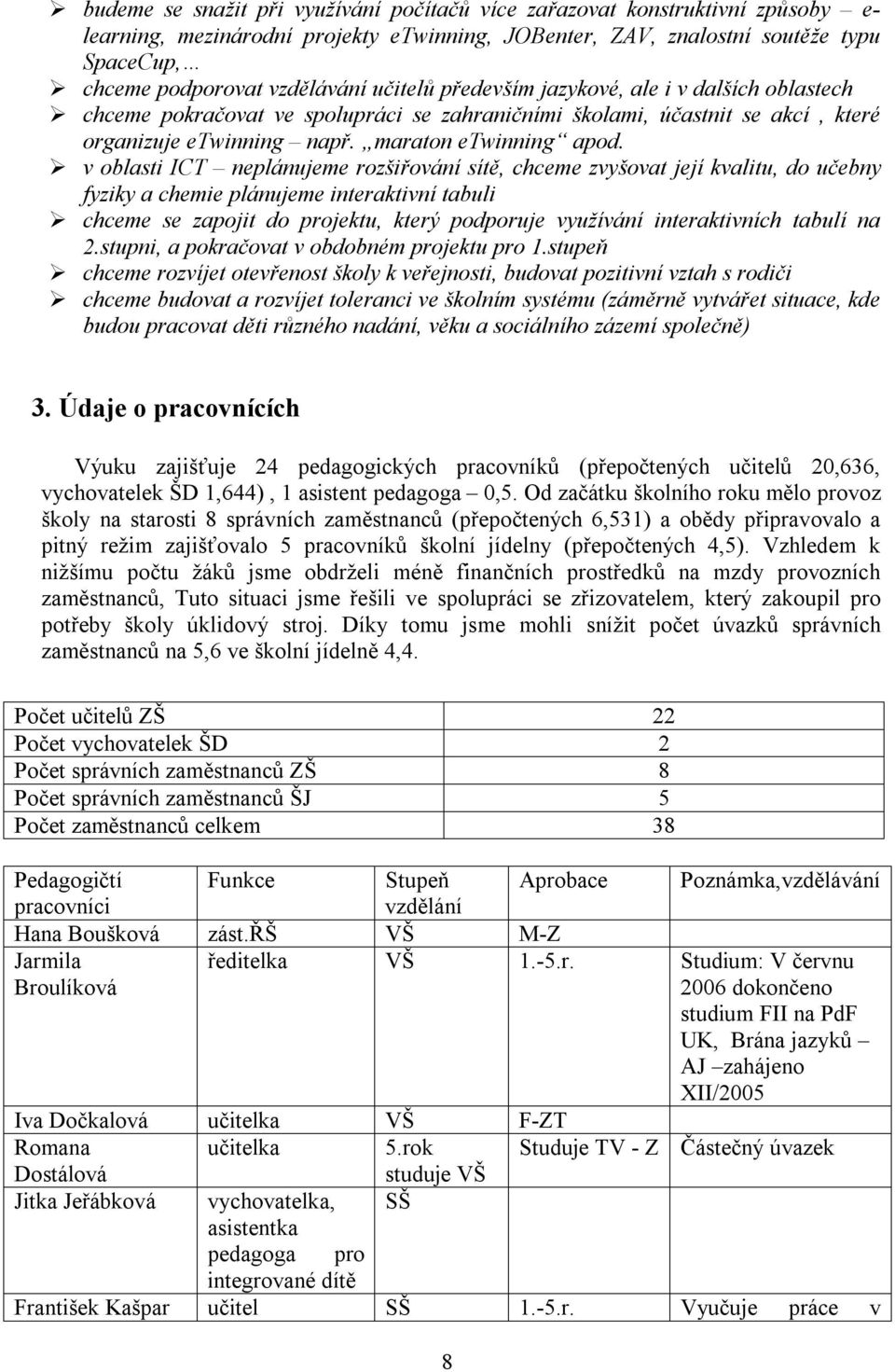 v oblasti ICT neplánujeme rozšiřování sítě, chceme zvyšovat její kvalitu, do učebny fyziky a chemie plánujeme interaktivní tabuli chceme se zapojit do projektu, který podporuje využívání