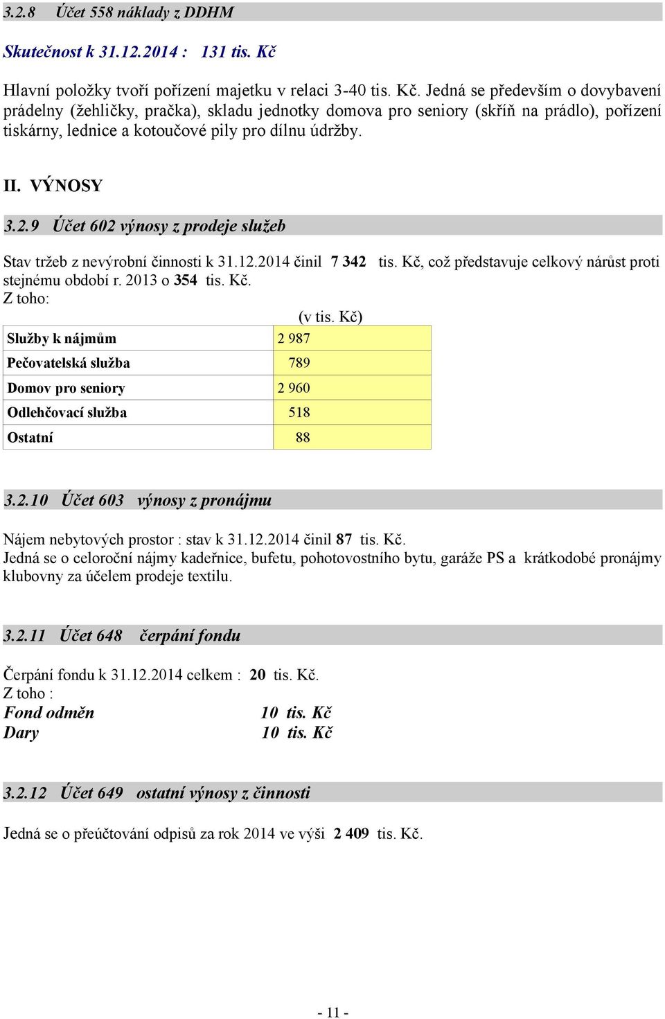 Jedná se především o dovybavení prádelny (žehličky, pračka), skladu jednotky domova pro seniory (skříň na prádlo), pořízení tiskárny, lednice a kotoučové pily pro dílnu údržby. II. VÝNOSY 3.2.