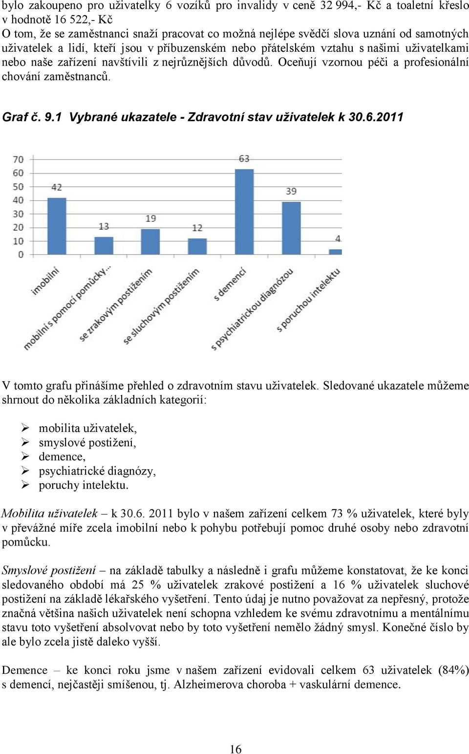 Oceňují vzornou péči a profesionální chování zaměstnanců. Graf č. 9.1 Vybrané ukazatele - Zdravotní stav uživatelek k 30.6.2011 V tomto grafu přinášíme přehled o zdravotním stavu uživatelek.