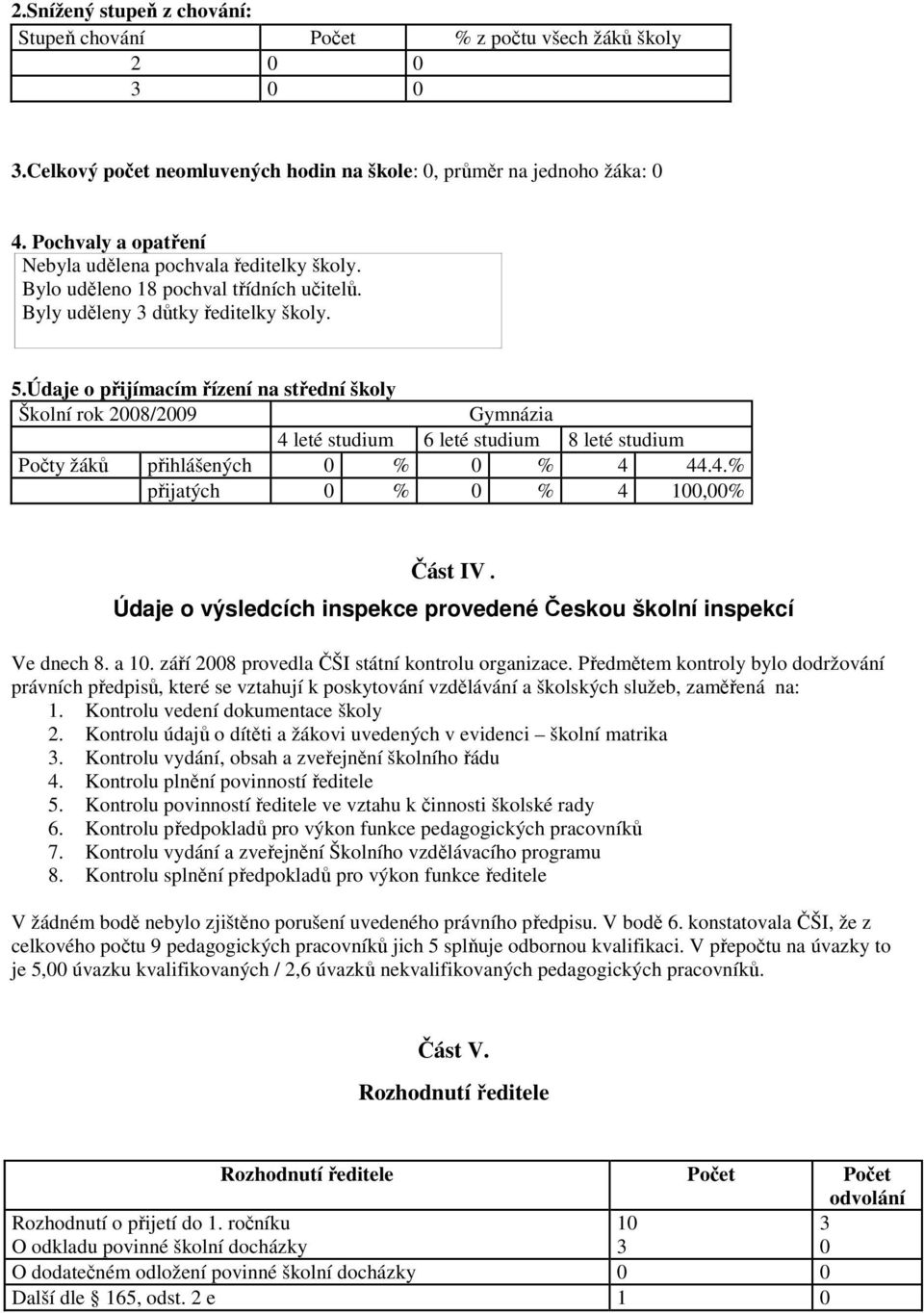 Údaje o přijímacím řízení na střední školy Školní rok 2008/2009 Gymnázia 4 leté studium 6 leté studium 8 leté studium Počty žáků přihlášených 0 % 0 % 4 44.4.% přijatých 0 % 0 % 4 100,00% Část IV.