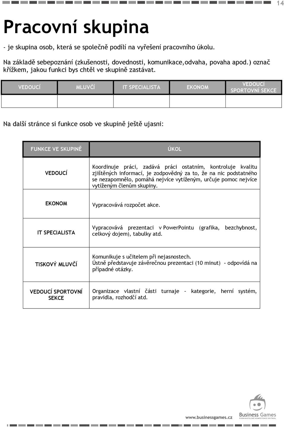 VEDOUCÍ MLUVČÍ IT SPECIALISTA EKONOM VEDOUCÍ SPORTOVNÍ SEKCE Na další stránce si funkce osob ve skupině ještě ujasni: FUNKCE VE SKUPINĚ ÚKOL VEDOUCÍ Koordinuje práci, zadává práci ostatním,