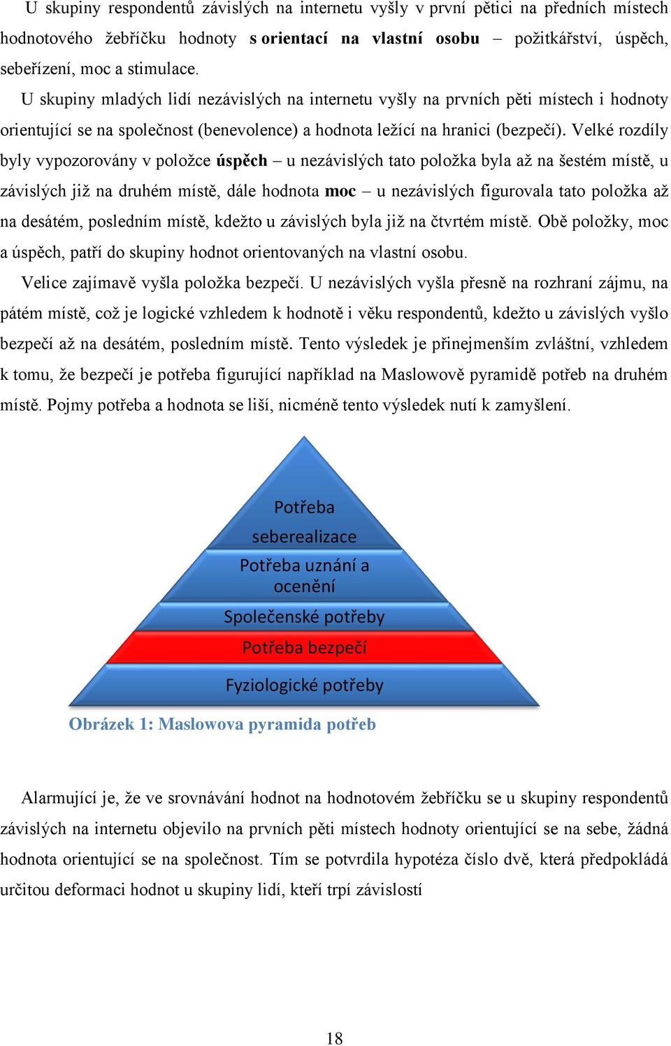 Velké rozdíly byly vypozorovány v položce úspěch u nezávislých tato položka byla až na šestém místě, u závislých již na druhém místě, dále hodnota moc u nezávislých figurovala tato položka až na