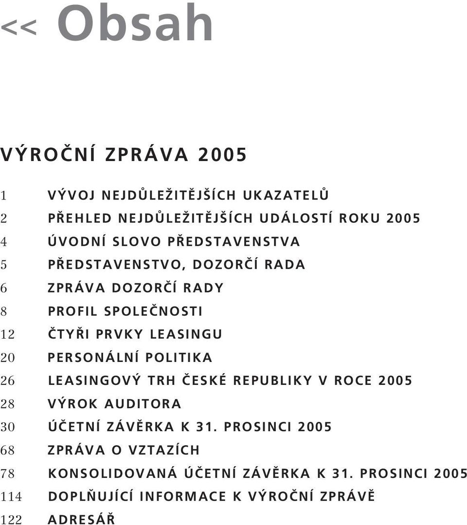 PERSONÁLNÍ POLITIKA 26 LEASINGOVÝ TRH ČESKÉ REPUBLIKY V ROCE 2005 28 VÝROK AUDITORA 30 ÚČETNÍ ZÁVĚRKA K 31.