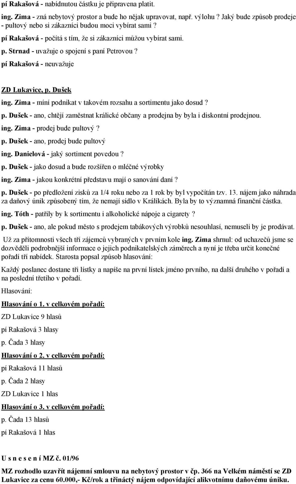 pí Rakašová - neuvažuje ZD Lukavice, p. Dušek ing. Zima - míní podnikat v takovém rozsahu a sortimentu jako dosud? p. Dušek - ano, chtějí zaměstnat králické občany a prodejna by byla i diskontní prodejnou.