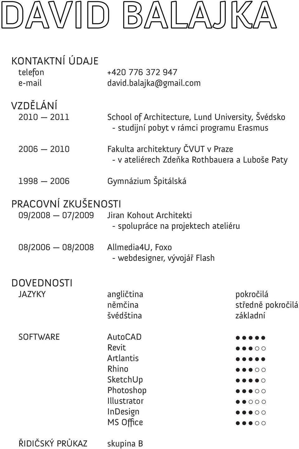 ateliérech Zdeňka Rothbauera a Luboše Paty 1998 2006 Gymnázium Špitálská PRACOVNÍ ZKUŠENOSTI 09/2008 07/2009 Jiran Kohout Architekti - spolupráce na projektech