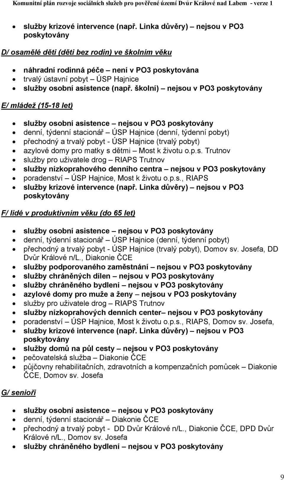 školní) nejsou v PO3 poskytovány E/ mládež (15-18 let) služby osobní asistence nejsou v PO3 poskytovány denní, týdenní stacionář ÚSP Hajnice (denní, týdenní pobyt) přechodný a trvalý pobyt - ÚSP