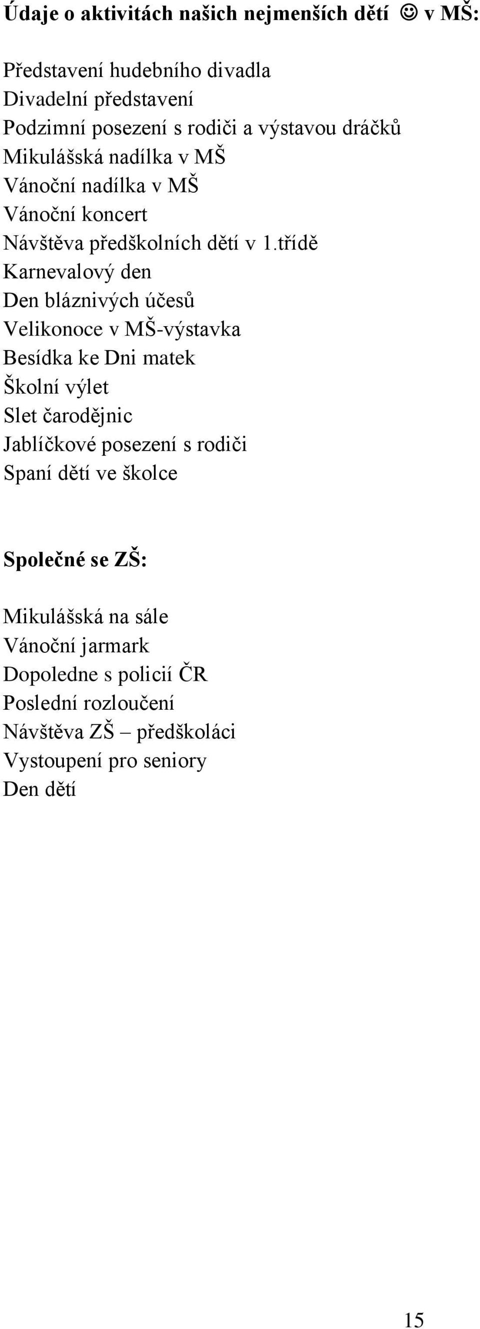 třídě Karnevalový den Den bláznivých účesů Velikonoce v MŠ-výstavka Besídka ke Dni matek Školní výlet Slet čarodějnic Jablíčkové posezení s