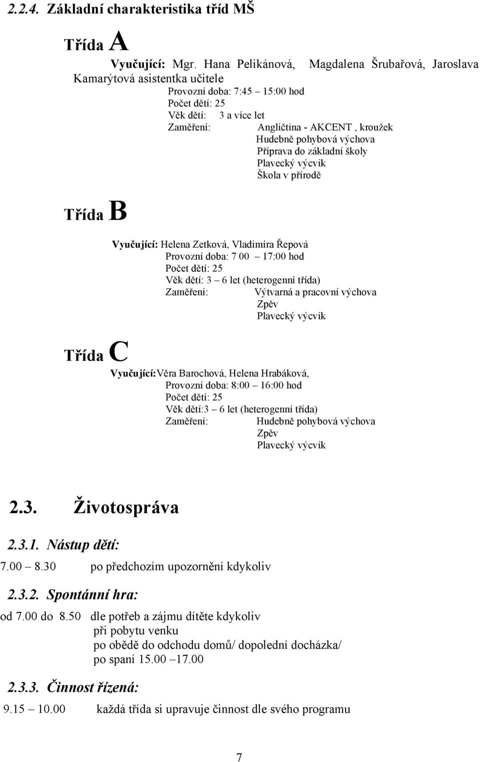 Hudebně pohybová výchova Příprava do základní školy Plavecký výcvik Škola v přírodě Vyučující: Helena Zetková, Vladimíra Řepová Provozní doba: 7 00 17:00 hod Počet dětí: 25 Věk dětí: 3 6 let