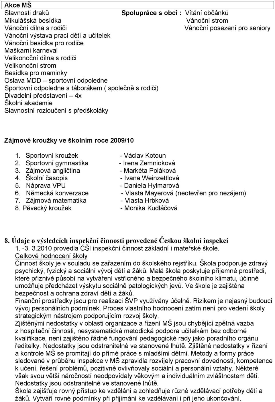 4x Školní akademie Slavnostní rozloučení s předškoláky Zájmové kroužky ve školním roce 2009/10 1. Sportovní kroužek - Václav Kotoun 2. Sportovní gymnastika - Irena Zemnioková 3.